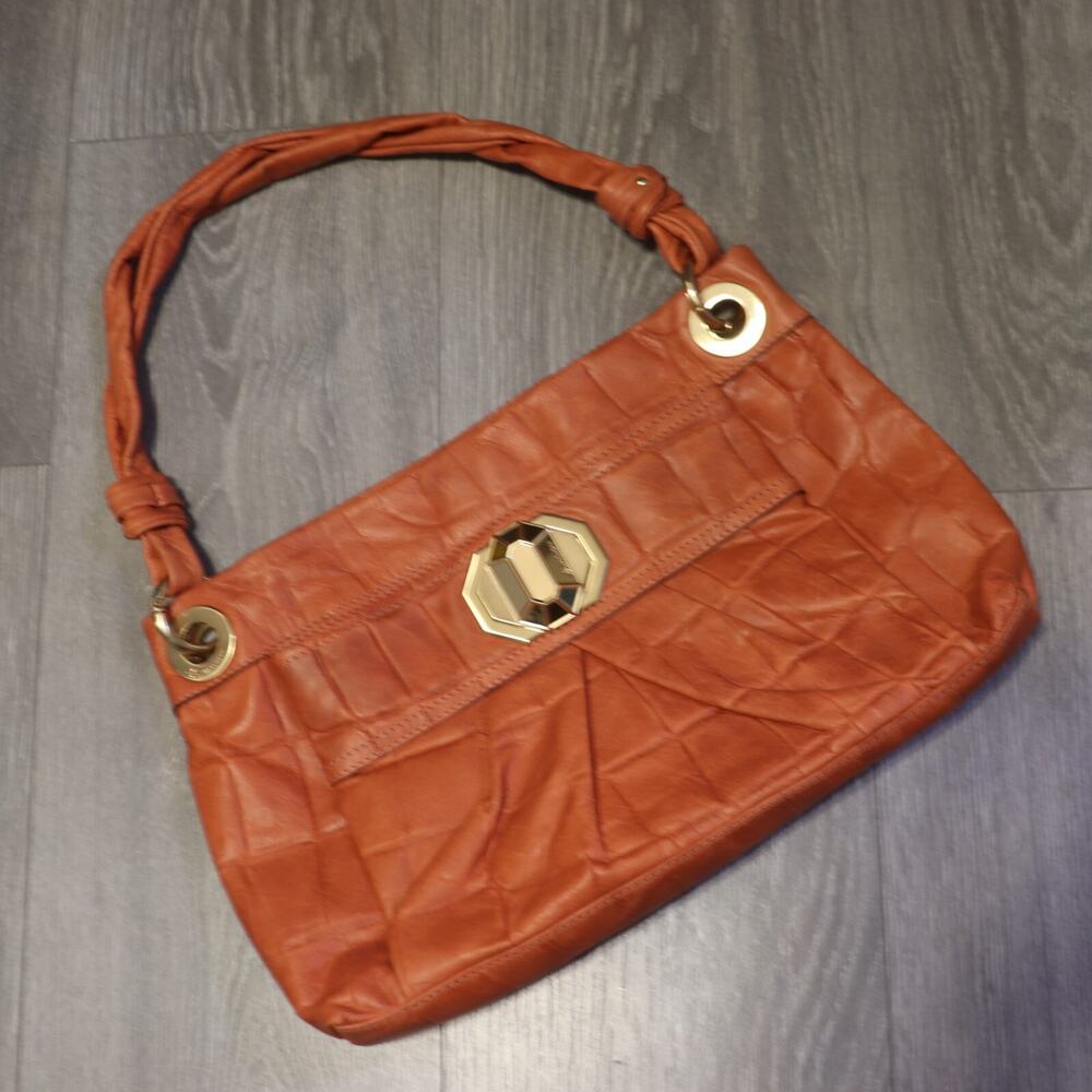 B Makowsky Handbag Women M Orange Croc Embossed Leather Shoulder Bag Gold Tone